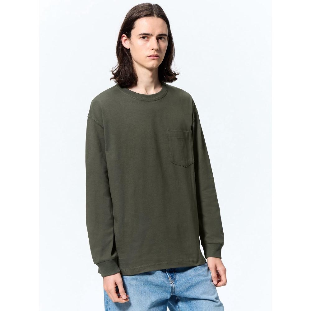 

GU by Uniqlo Футболка HeavyweighT Crewneck с длинным рукавом 58 DARK GREEN/XS