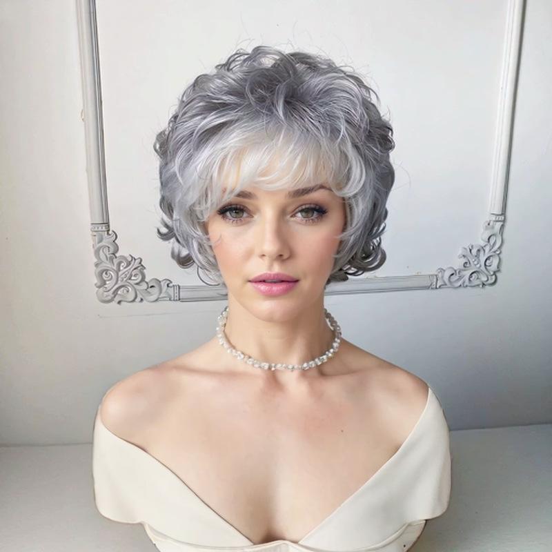 Women’s Short Curly Wig with Side Bangs Fluffy Gray-White Heat-resistant Synthetic Hairpiece
