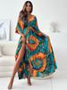 Fashion Women's Casual V-Neck Printed Long Sleeve High Waist Printed Dress