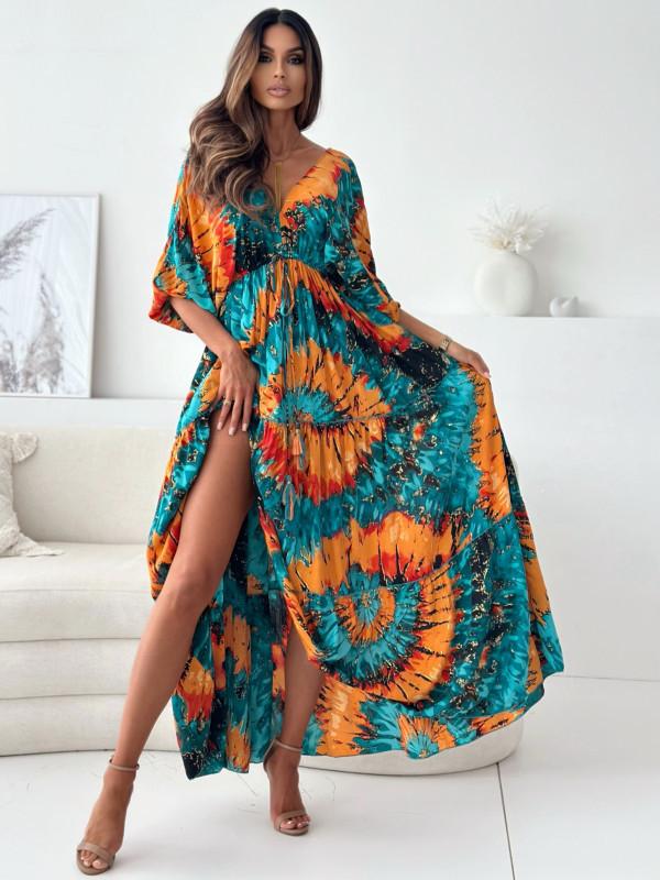 Fashion Women's Casual V-Neck Printed Long Sleeve High Waist Printed Dress