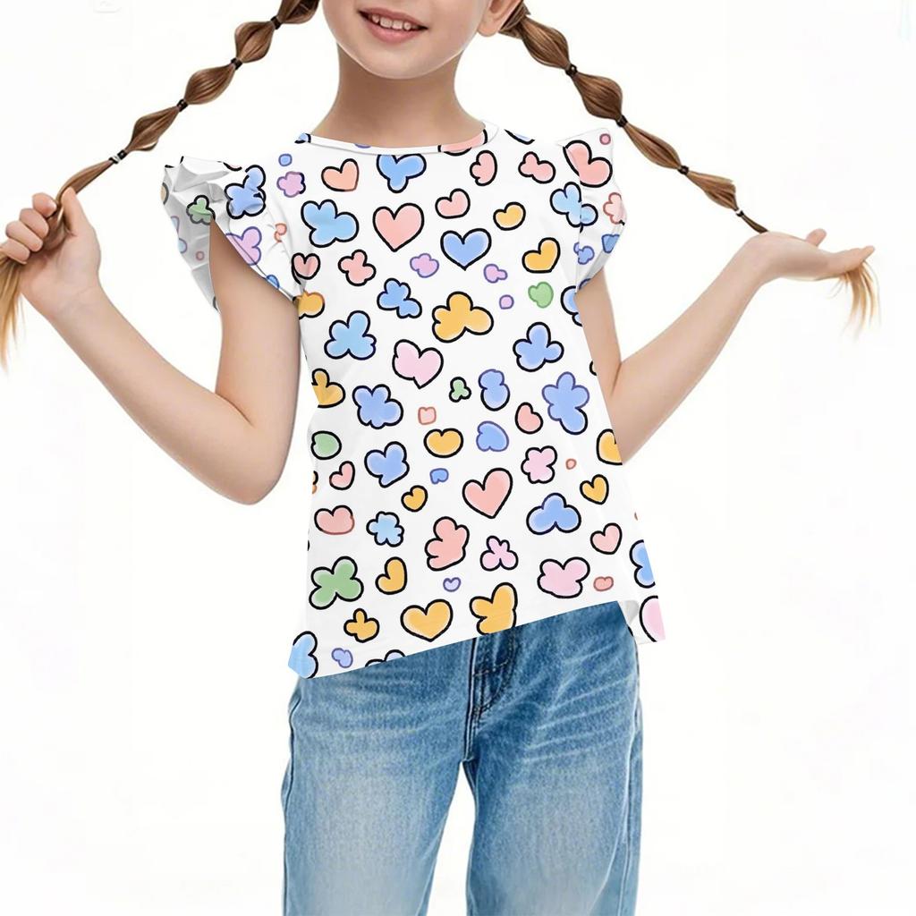 Children's Casual Short-Sleeved Pleated Cute Printed Round-Neck Solid-Color Top