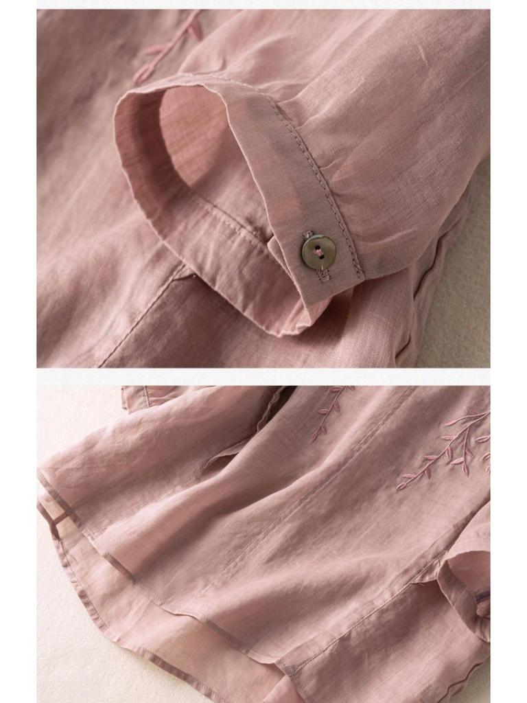 Women's Retro Embroidered Cotton & Linen Top - Loose Fit, Versatile, 2024 Summer Collection