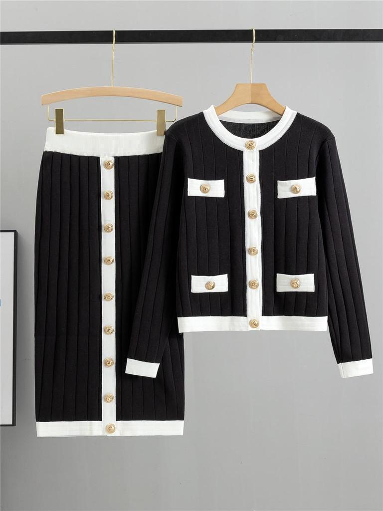 Elegant European Autumn Midi Skirt & Knitted Cardigan Set for Women
