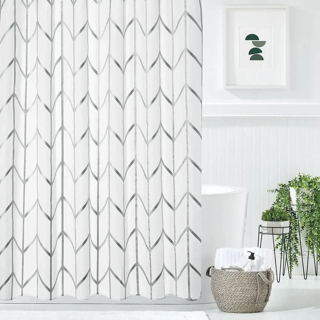 Fabric Geometric Shower Curtain, Mid-Century Modern Geometric Herringbone Chevron Blue Black Gray Square Bathroom Decoration
