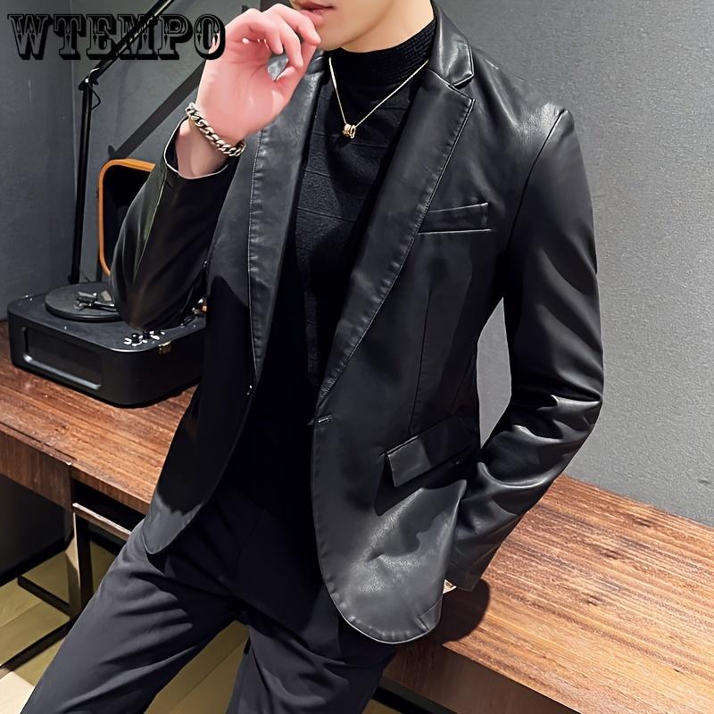 Men's Solid PU Leather Jacket with Pockets, One Button Slim-fit Lapel Outwear - for Business, Parties & Formal Occasions - for Men - PU Leather