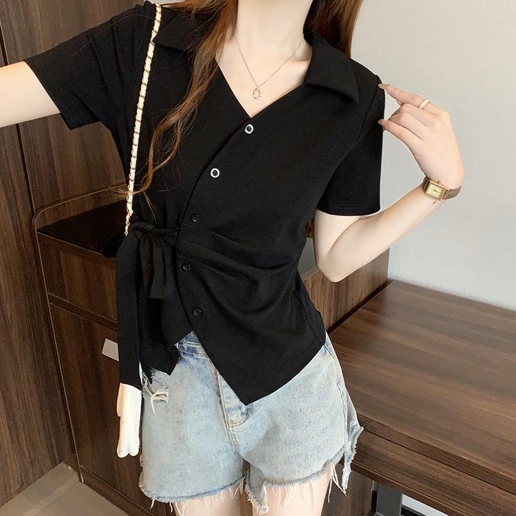 

Plus Size Chic Irregular Waist Tie-Up Short-Sleeve T-Shirt L чёрный