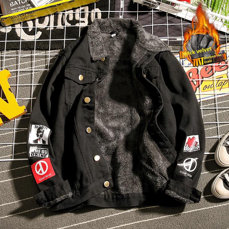 "Chaqueta Vaquera de Invierno para Hombre con Forro de Terciopelo - Ropa de Trabajo Retro Japonesa, Estilo Coreano, Talla Grande, Top Grueso Casual"