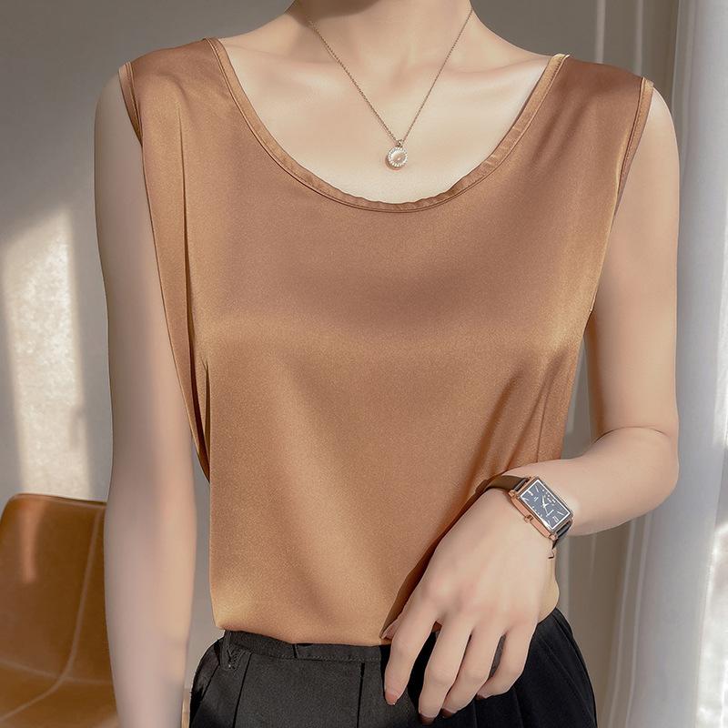 VEZFAA Women's Fashion Solid Color Print Casual Summer Spring Sleeveless U-Neck Blouses & Shirts