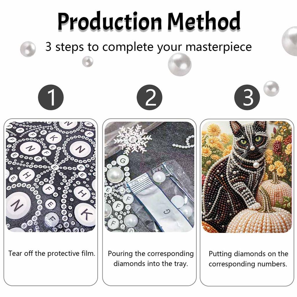 DIY rahmenloses Perlenkunst-Set Schwarze Katze Kürbis Herbstliches Blumenmuster 3D-Perlenmalerei auf Leinwand Entspannendes handgemachtes Bastelset für die Heimdekoration