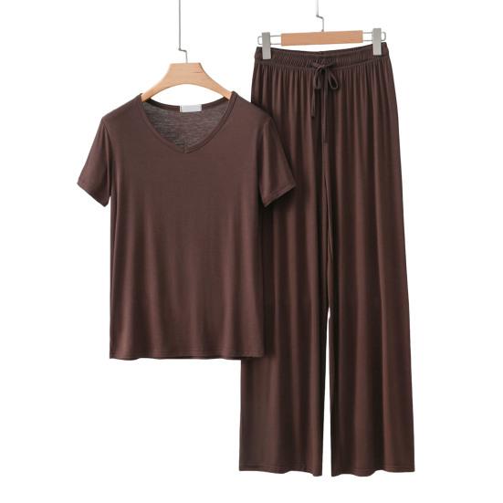 

Женский комплект пижамы из 2 предметов, повседневный, с V-образным вырезом, с короткими рукавами, пуловер, комплект брюк с широкими штанинами, летние наряды для отдыха M кофейный