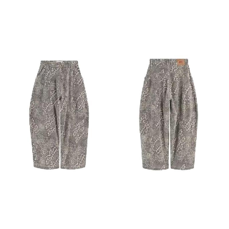 Summer hot sale washed leopard print jeans retro casual and thin versatile fashionable wide-leg trousers women
