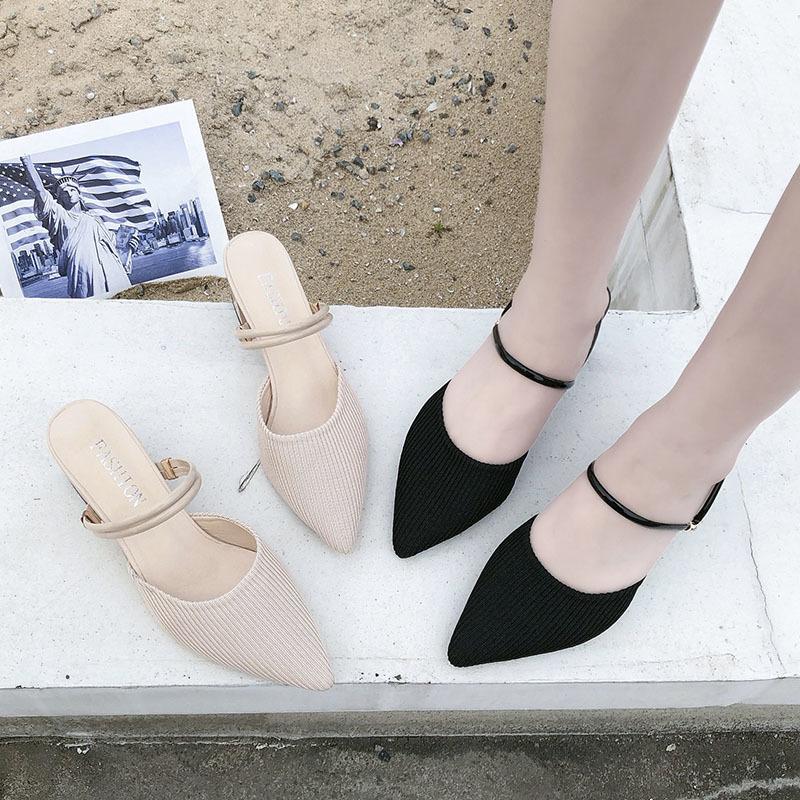 Baotou Thick Heel Sandals Women's New Outer Wear Slippers In Summer 2025 Pointed Breathable Cloth High Heel with Skirt Sandals