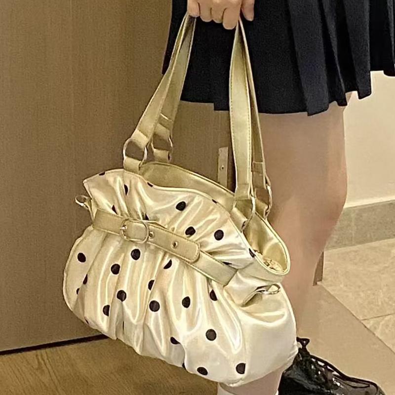 Champagne-colored Polka Dot Tote Bag Belt Buckle Decoration Large Capacity Handbag Stylish Satin Pleated Women's Shoulder Bag