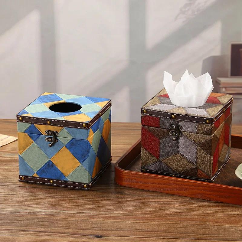 Classic Contrast Color Creative Tissue Box Indoor Desktop Leather Carton Square Light Luxury Household Napkin Carton