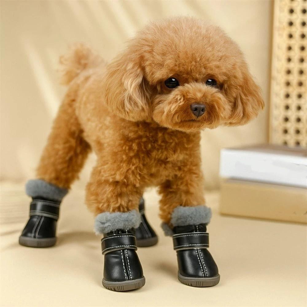 4PCS Non Slip Dog Snow Boots Plush Waterproof Dog Boots Winter Pet Dog Shoes  for Puppy Dogs
