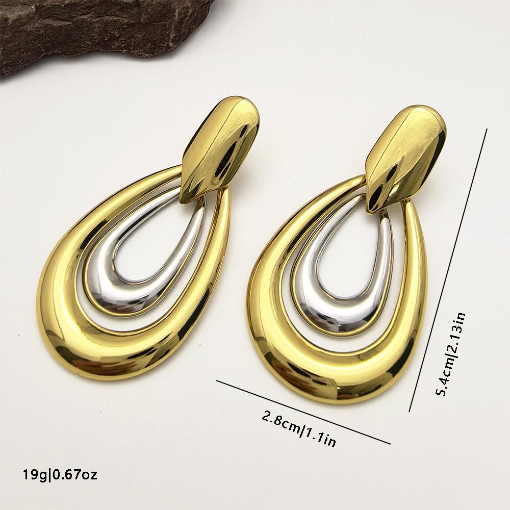 

18k Gold Stainless Steel High-end Long Earrings, Simple Jewelry, Personalized Exaggeration, Light Luxury Double-ring Two-color Earrings 18K