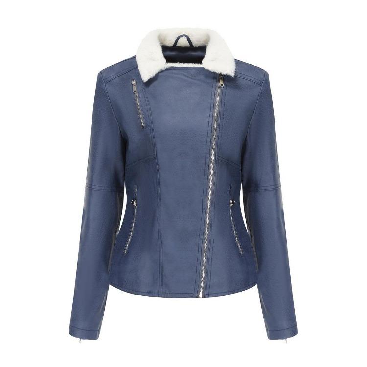 Women Fashion Slim Fit Pu Leather Jacket Long Sleeve Lapel Collar Zipper Fall Winter Coat