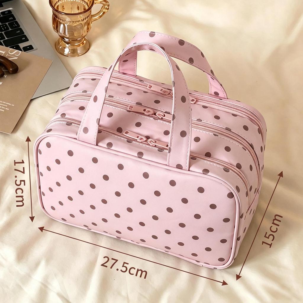 Mint Green Polka Dot Women's Makeup Bag, Large Capacity, Portable, Waterproof, with Compartments for Toiletries.