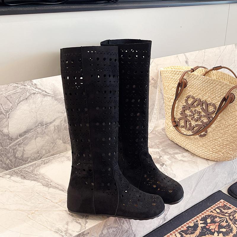 French hollow boots women's 2025 new summer versatile inner height increasing fashion boots but knee knight boots