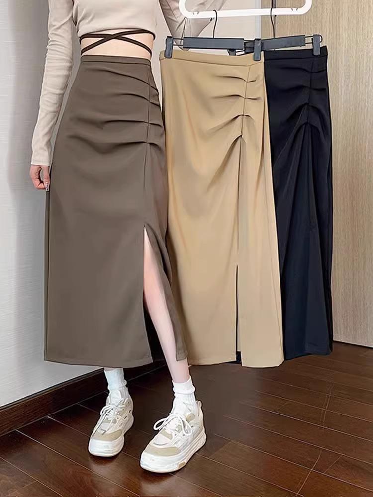 

2024 Korean Style High-Waist Slim A-Line Skirt with Mid-Length Slit Large