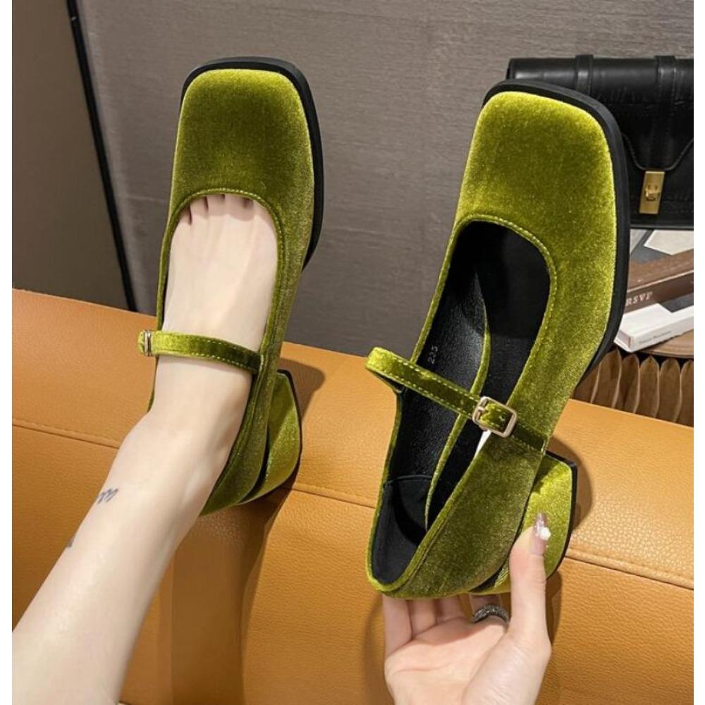 Mary Janes Shoes Female Golden Velvet New Square Toe College Style Casual Pumps Shallow Buckle Shoes High Heel Shoes