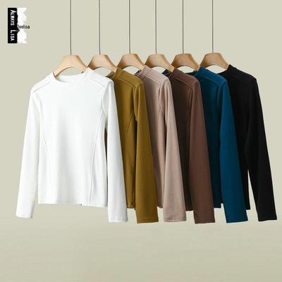 Women's Solid Color German Velvet Long-Sleeve Round Neck T-Shirt with Stitching