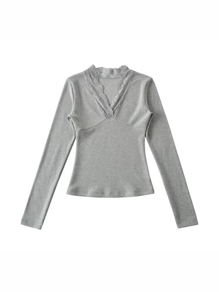 Korean Style Lace Trim V-Neck Slim-Fit Fleece Long Sleeve Women's Top