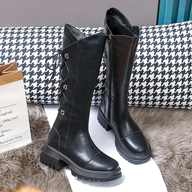 Cizme de damă de modă din piele de vacă cu platformă, cowboy occidental, cavaler, pantofi de damă de designer cu talpă moale, cizme de modă până la genunchi, de damă