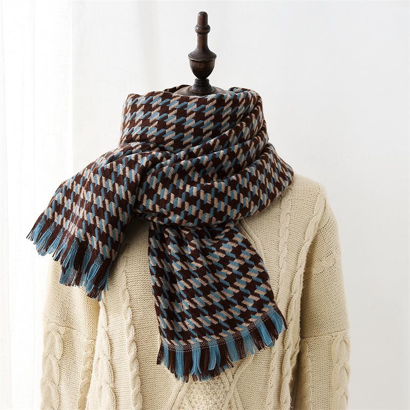 

Женский шарф, длинная толстая теплая шаль в клетку кофейный/синий