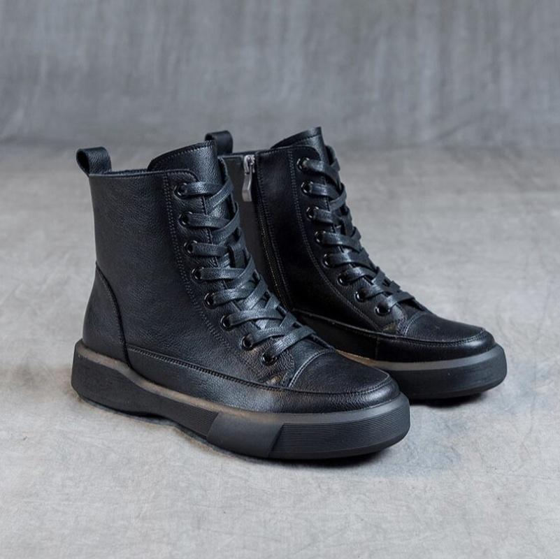 Women Genuine Leather Short Boots Round Toe Genuine Leather Handmade Retro Street Style Winter Warm Flats Ankle Boots