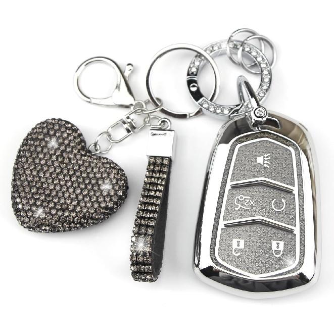 Key Fob Cover with Diamond Keychain Compatible with Cadillac Car Key Holder Case Compatible with Cadillac Escalade ATS CTS STS SRX XT5 CT6 Smart