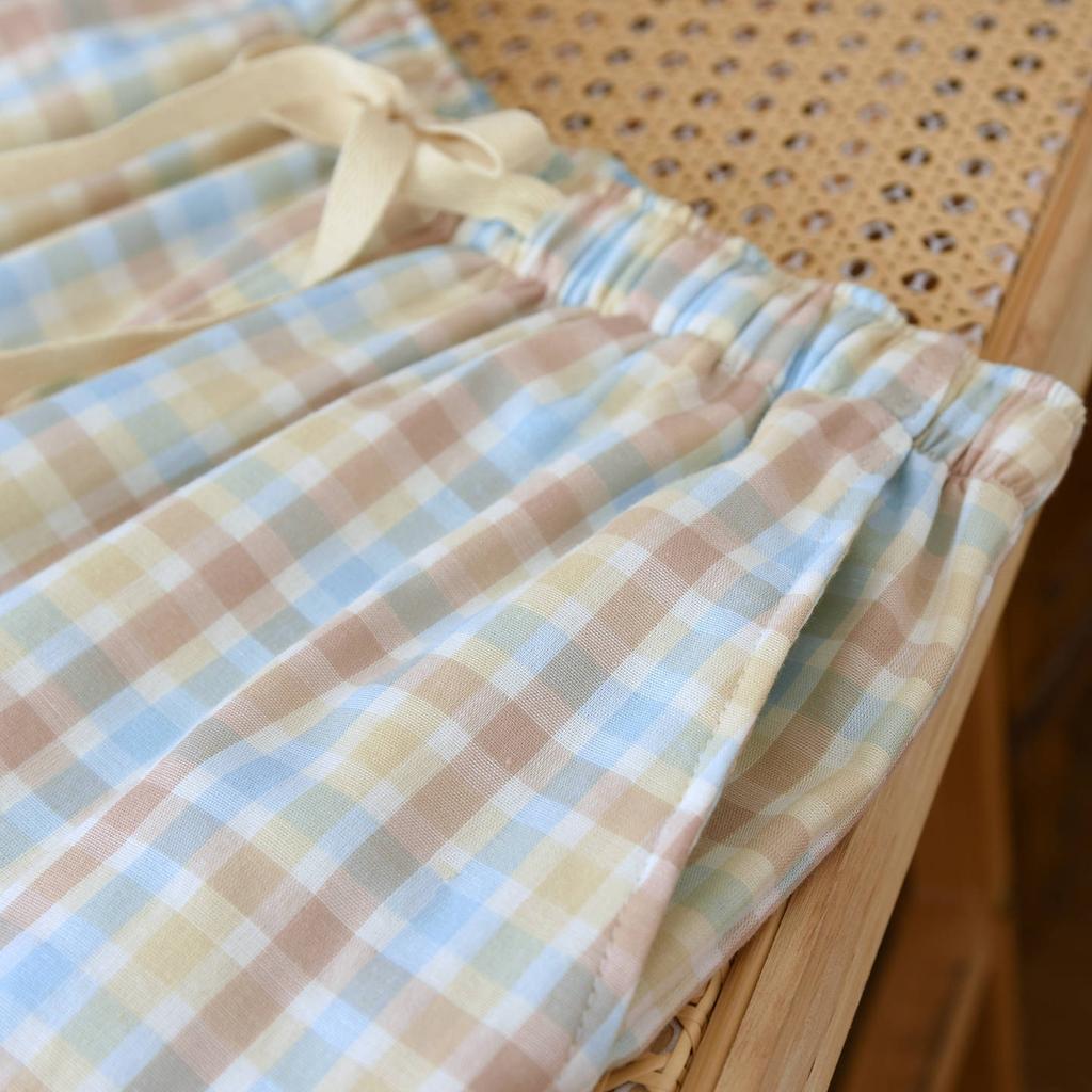 2026 Neue Frühjahr/Sommer Damen Schlafanzughose 100% Baumwolle Musselin Hose Kariert Lässig Locker Hausanzug Hose