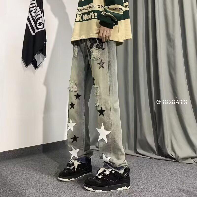 

Tide Brand Star-Ripped Men s Loose Straight-Leg Jeans, Spring/Autumn High Street Style XL