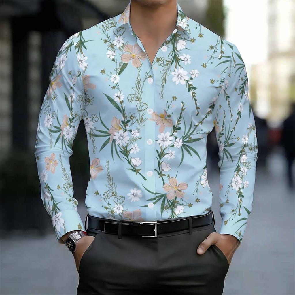 Men Collared Shirt Light Blue White Apricot Floral Leaf Print Long Sleeve Button Down Top