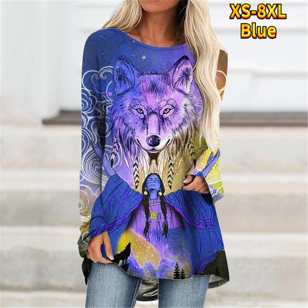 

Wolf Head Print Fashion Crew Neck Everything Casual Loose Women Long Sleeved Top XS-8XL