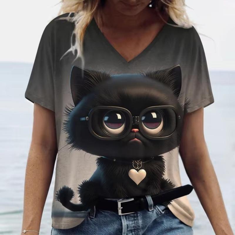 

Милые женские футболки с котятами, V-образным вырезом, коротким рукавом, футболки в стиле Харадзюку, летняя женская мода, топы, свободная повседневная одежда, каваи 5XL