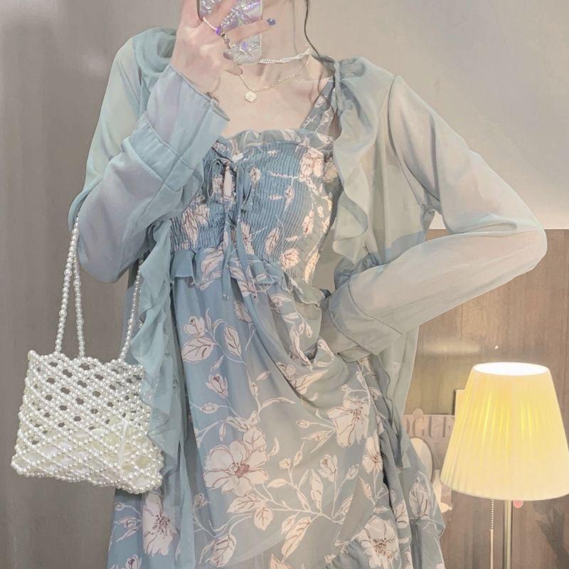 

Summer Floral Chiffon Long Dress Set with Sun-Protective Cardigan and Camisole S (below 95 jin)