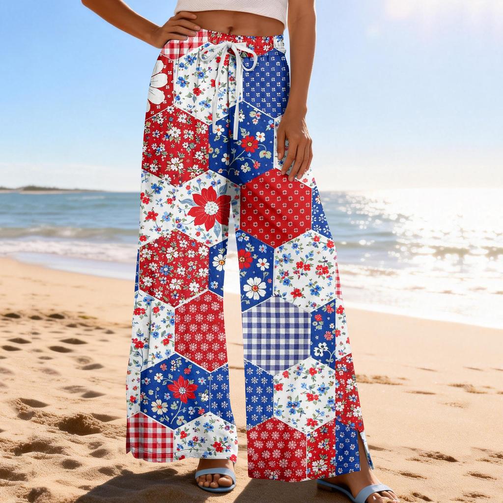 Women Summer Boho Palazzo Pants High Waist Wide Leg Printing Casual Trousers With Pockets