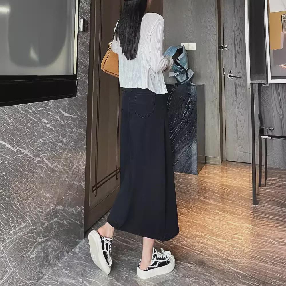 Women's Black High-Waist Slim A-Line Denim Skirt with Slit