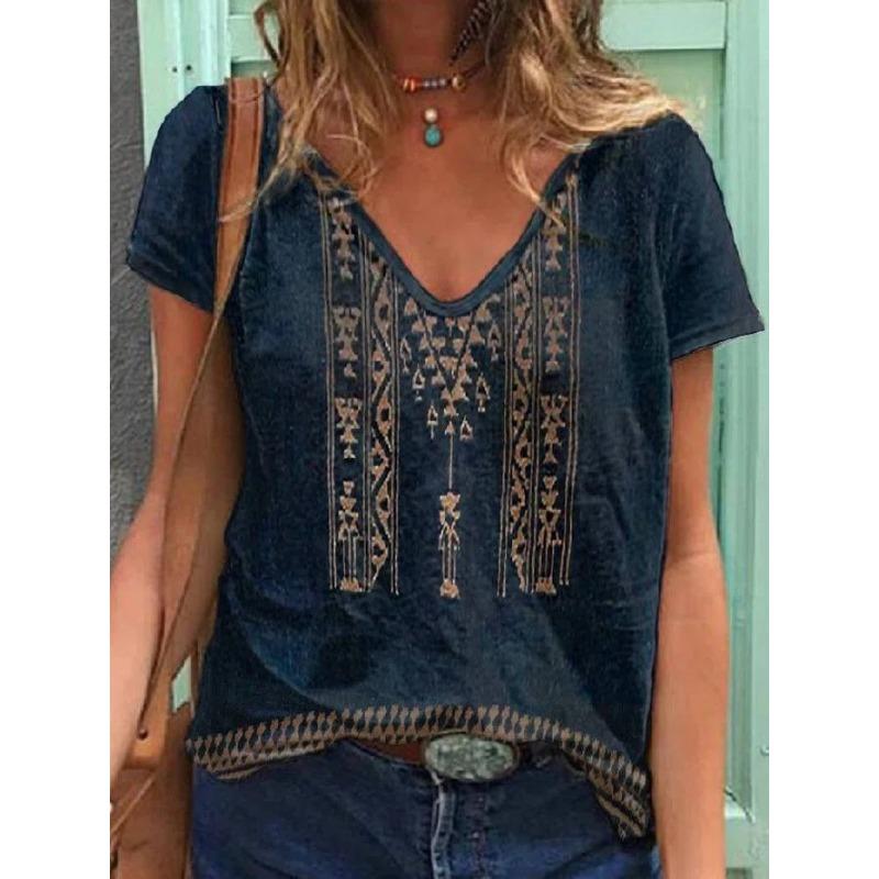 Summer V-neck 3D Retro Ethnic Style Printed Top Fashionable Casual Short Sleeved Women's T-shirts