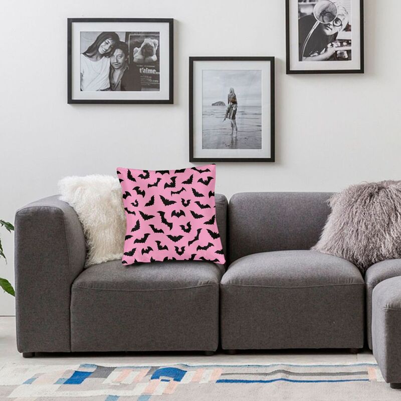Pastel Goth Pink Black Bats Nordic Throw Pillow Cover Home Decorative Halloween Witch Chair Cushion 45x45cm Pillowcases