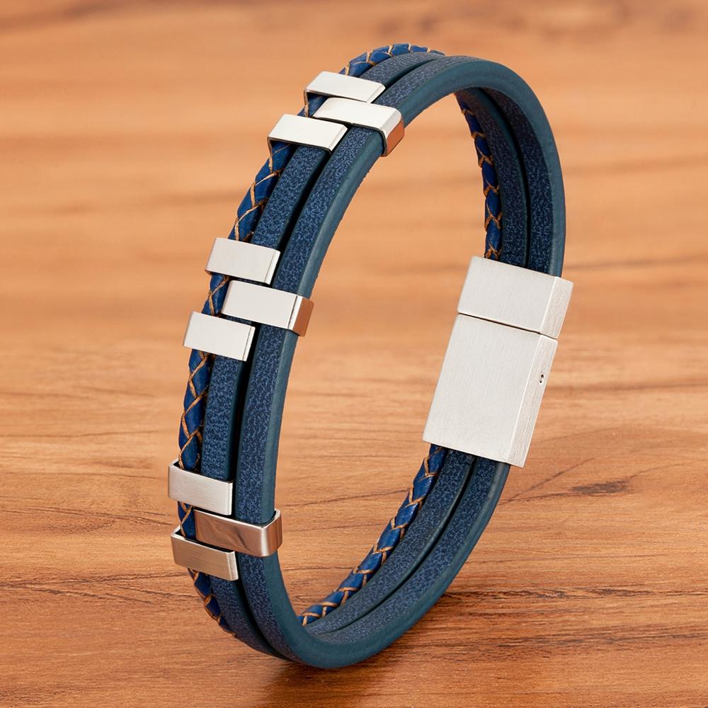 Black Brown Blue Color Three-Layer Stitching Accessories Stainless Steel Men's Leather Bracelet Advanced Design Style Gift