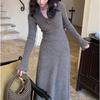 Temperament Autumn and winter Slim-fitting and thin waist-bottomed knitted dress V-neck with coat New sweater dress