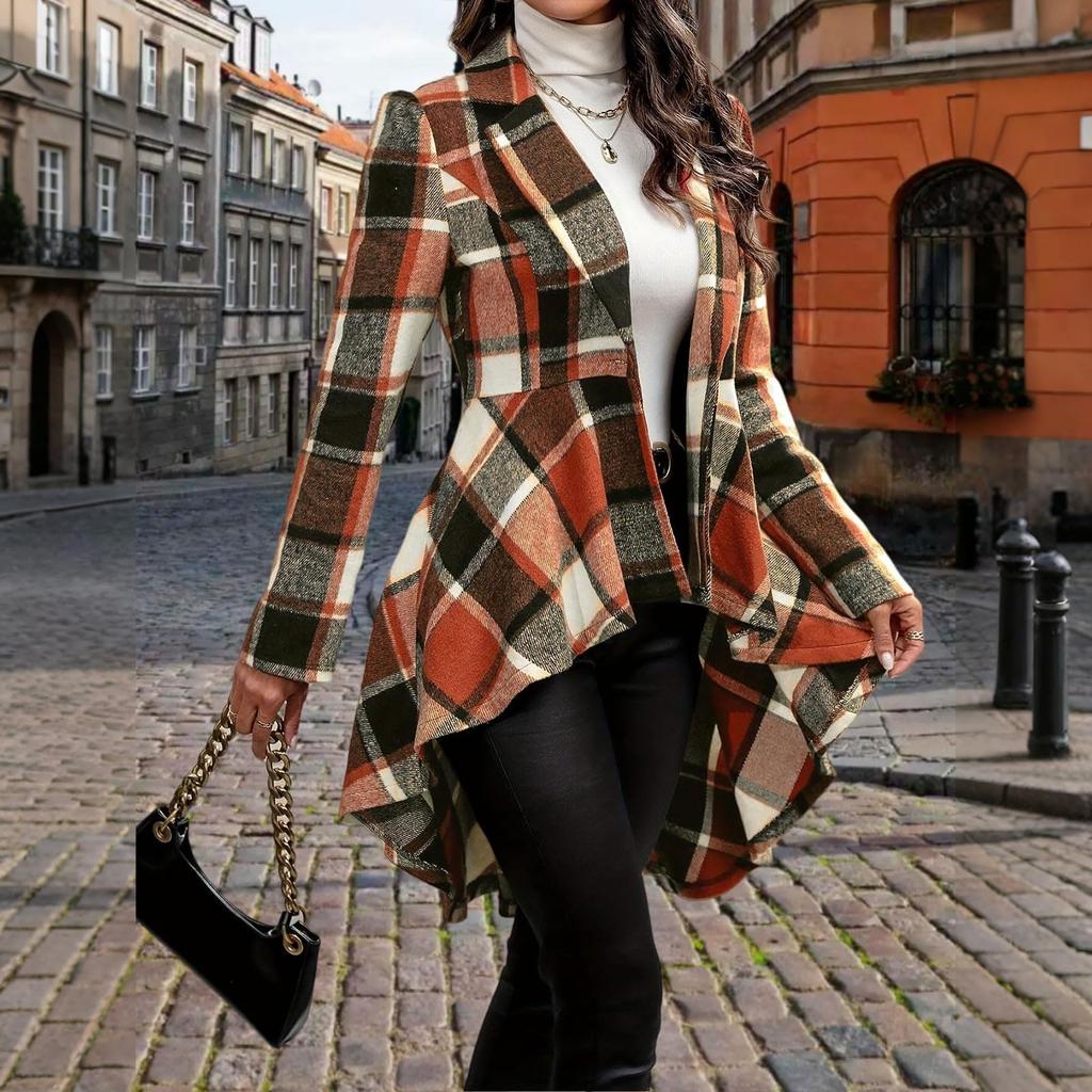 Ladies' Plaid Printed Fashionable Long Sleeved Jacket Cardigan