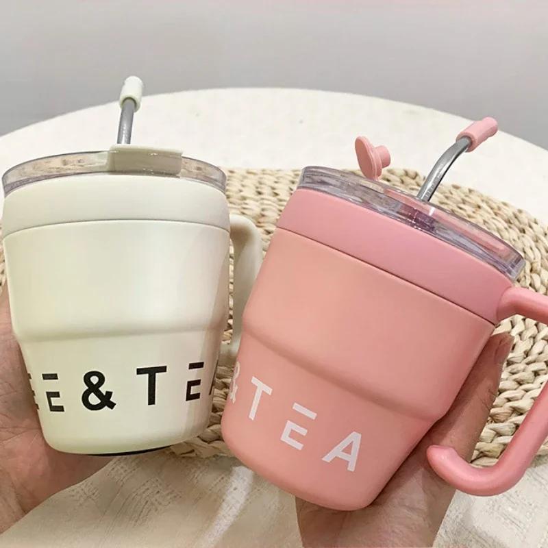 480ml Stainless Steel Thermos Coffee Mugs with Handle Straw and Lid Portable Office Home Water Bottles Drinking Milk Tea Cups