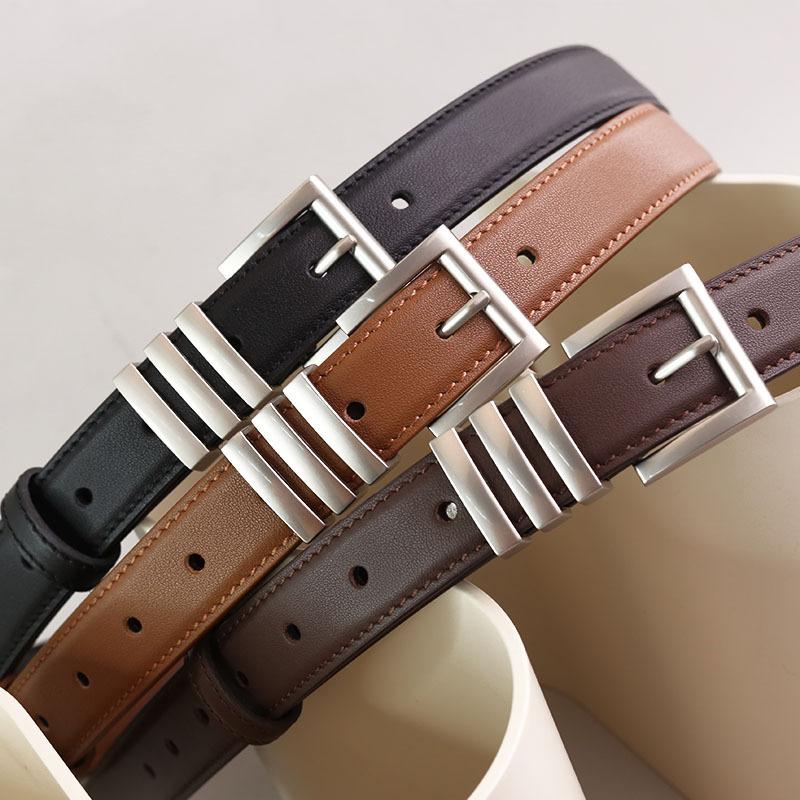 Women'S First-Layer Cowhide Leather Belt, Thin With Jeans, Retro Silver Buckle Leather Handmade Belt