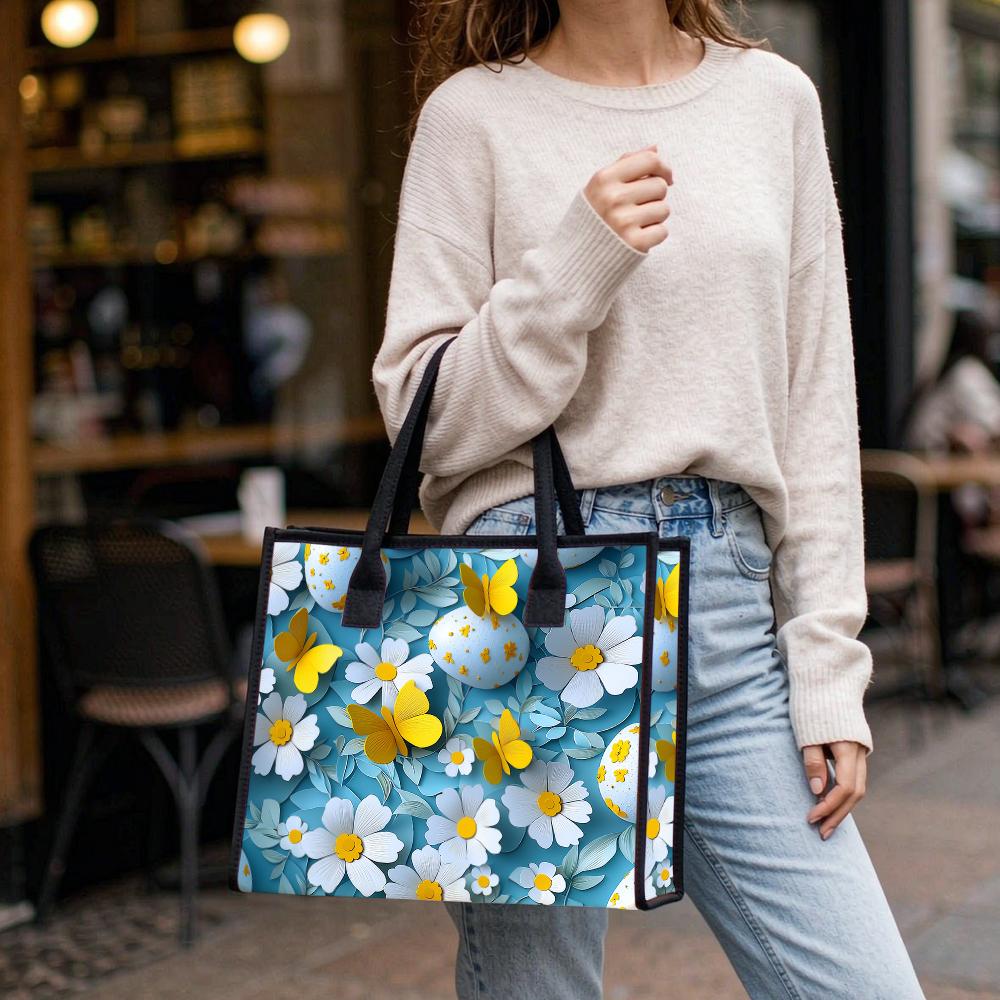Easter Floral Tote Bag Butterfly Canvas Handbag for Daily Use