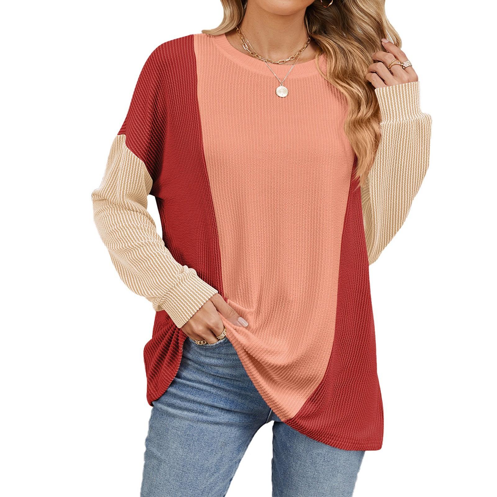 

Ladies Fashion Round Neck Splicing Long Sleeve Casual T-shirt Sweatshirt Top S червоний