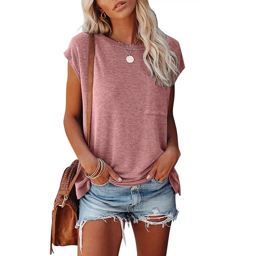 European & American Women's Solid Color Round Neck Pocket Shoulder-Split Short Sleeve T-Shirt
