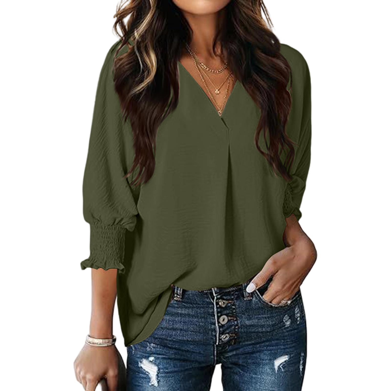 

Women s Fashion V-Neck Casual Solid Color Three-Quarter Sleeve Top L